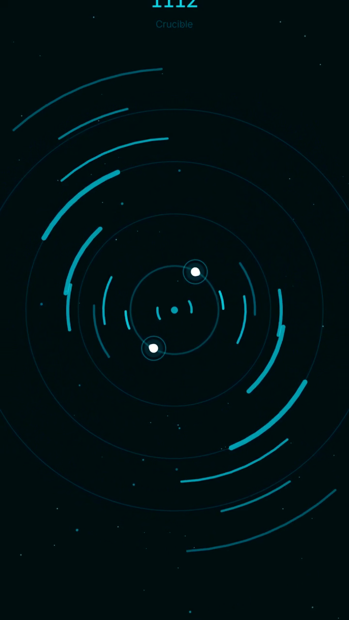 Two player dots near the center with multiple obstacle arcs closing in from different radii.